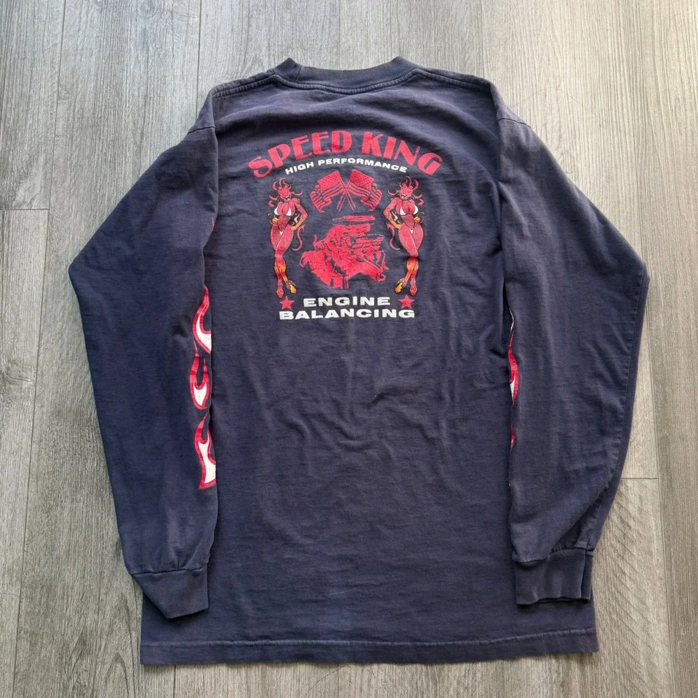 90s Crazy Speed King High Performance Mens S Navy Long Sleeve Flame Tee